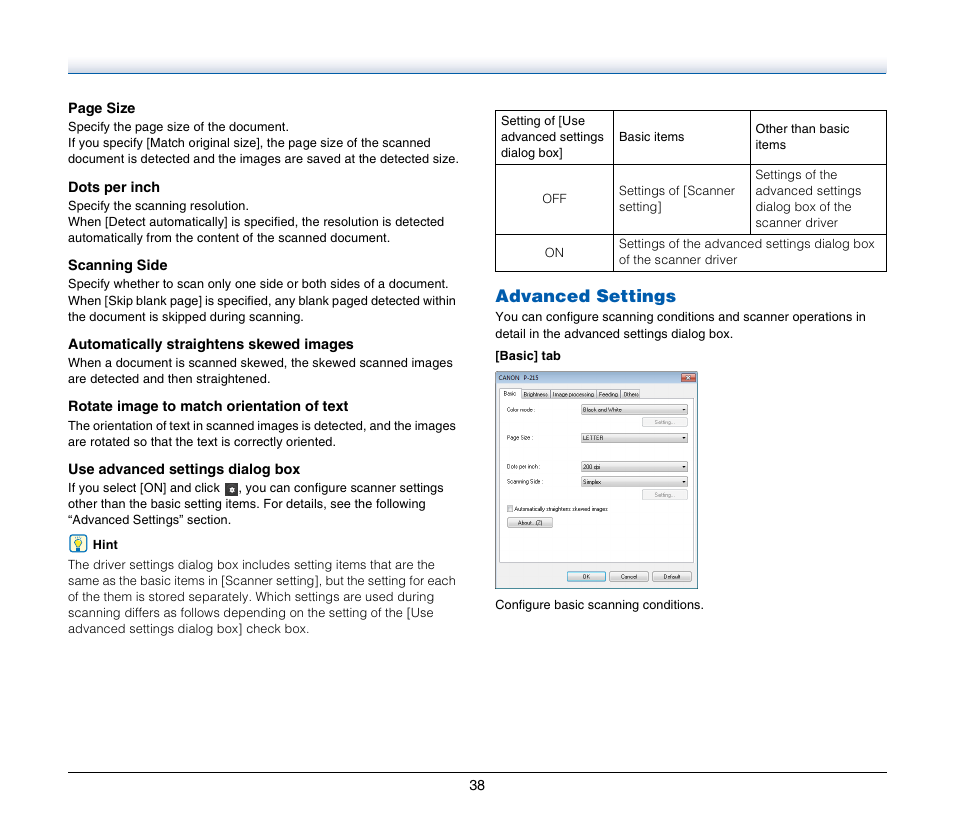 Advanced settings | Canon Image Formula P-215 User Manual | Page 38 / 116