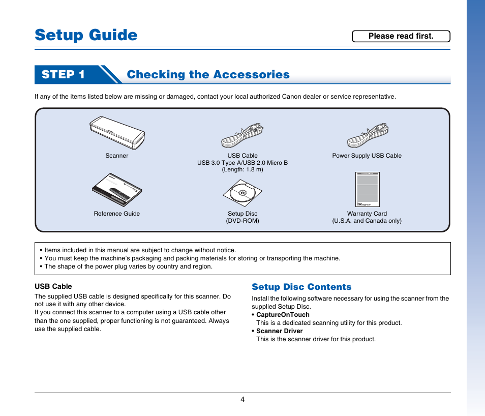 Setup guide, Step 1 checking the accessories | Canon Image Formula P-215 User Manual | Page 4 / 116