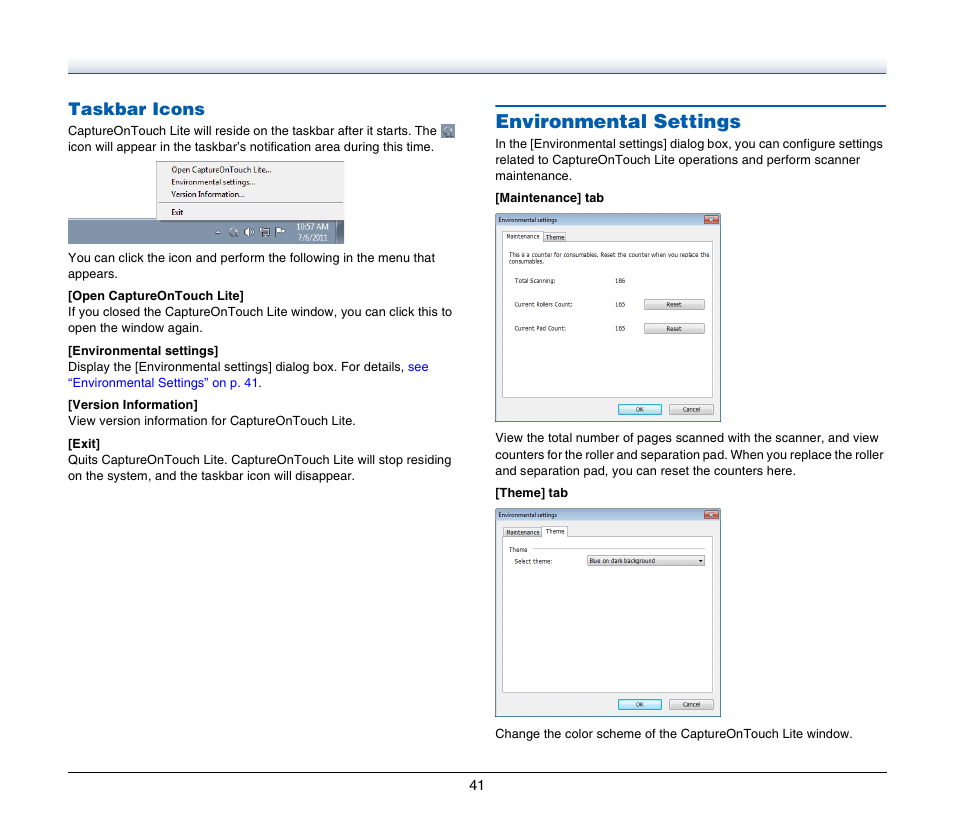 Environmental settings, Taskbar icons | Canon Image Formula P-215 User Manual | Page 41 / 116
