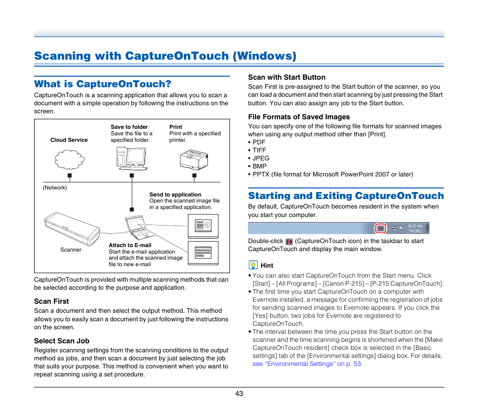 Scanning with captureontouch (windows), What is captureontouch, Starting and exiting captureontouch | Canon Image Formula P-215 User Manual | Page 43 / 116