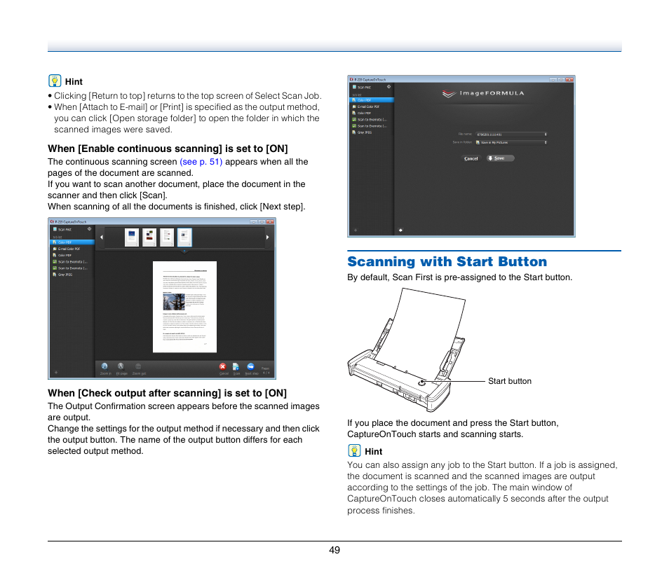 Scanning with start button | Canon Image Formula P-215 User Manual | Page 49 / 116
