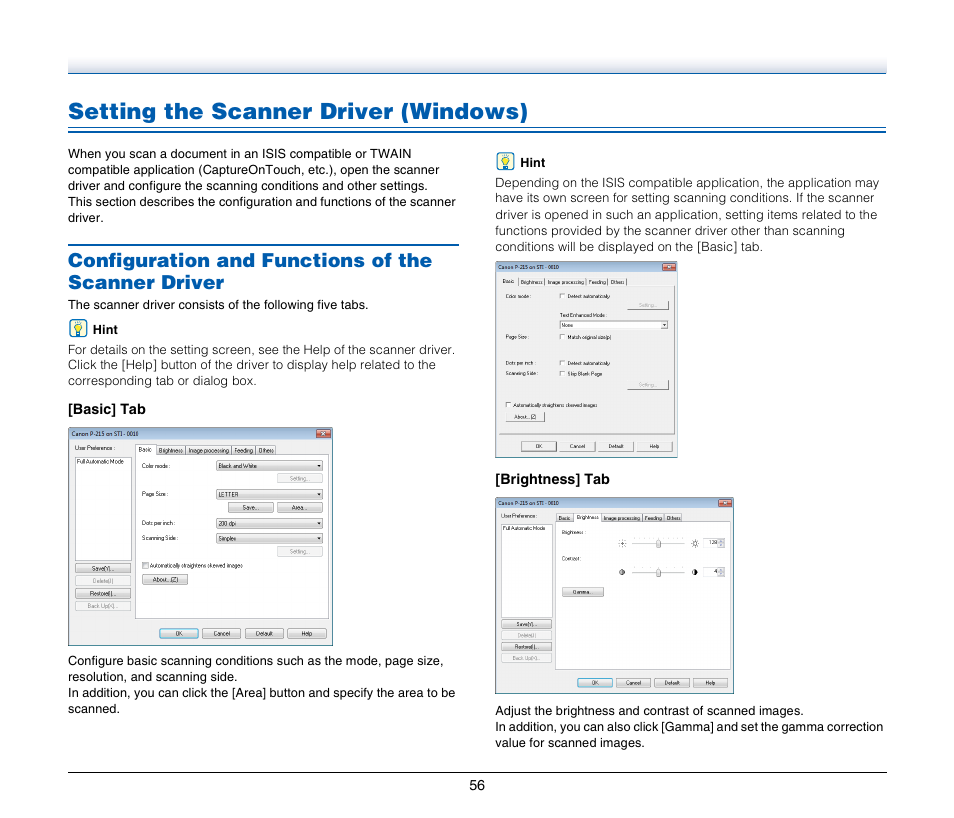 Setting the scanner driver (windows), Configuration and functions of the scanner driver | Canon Image Formula P-215 User Manual | Page 56 / 116
