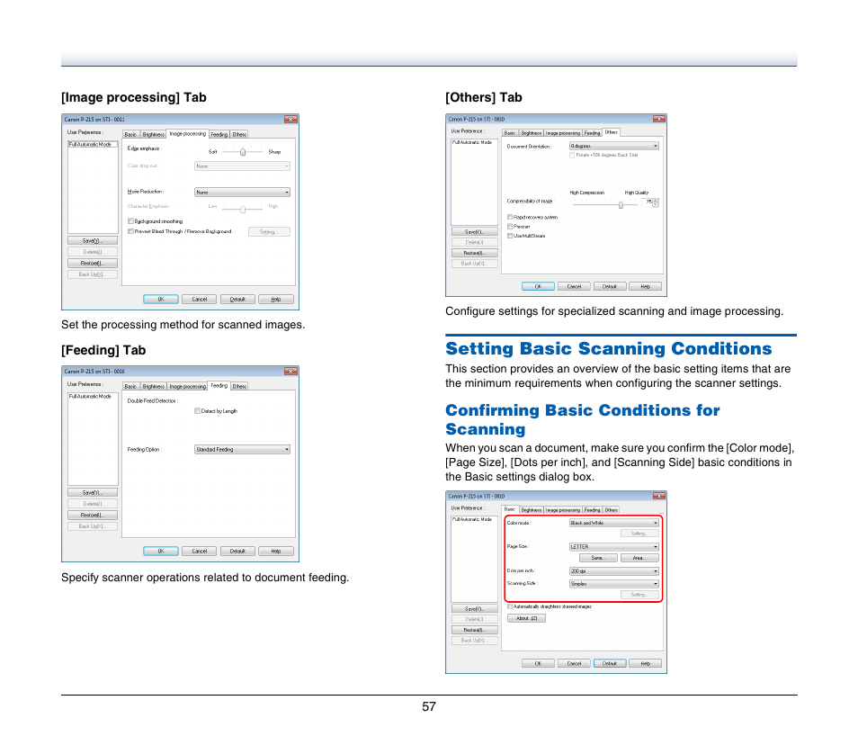 Setting basic scanning conditions | Canon Image Formula P-215 User Manual | Page 57 / 116