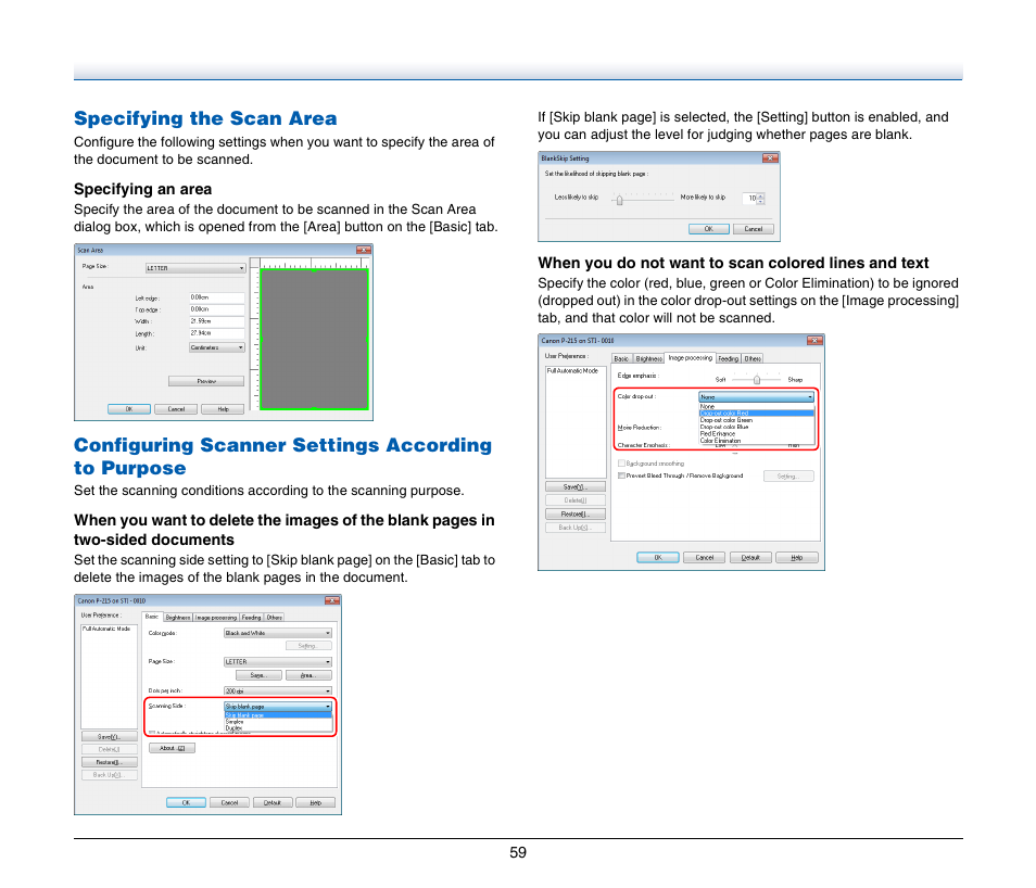 Specifying the scan area, Configuring scanner settings according to purpose | Canon Image Formula P-215 User Manual | Page 59 / 116