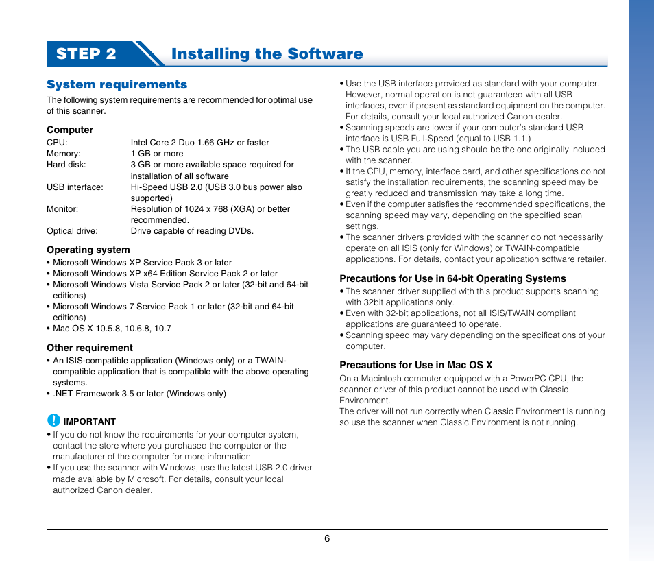 Step 2 installing the software, System requirements | Canon Image Formula P-215 User Manual | Page 6 / 116