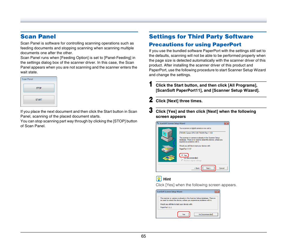 Scan panel, Settings for third party software, Scan panel settings for third party software | Canon Image Formula P-215 User Manual | Page 65 / 116