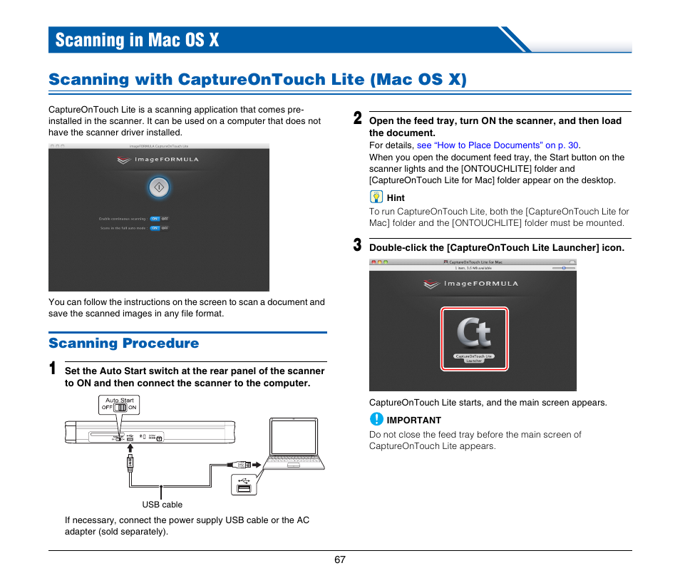 Scanning in mac os x, Scanning with captureontouch lite (mac os x), Scanning procedure | Canon Image Formula P-215 User Manual | Page 67 / 116