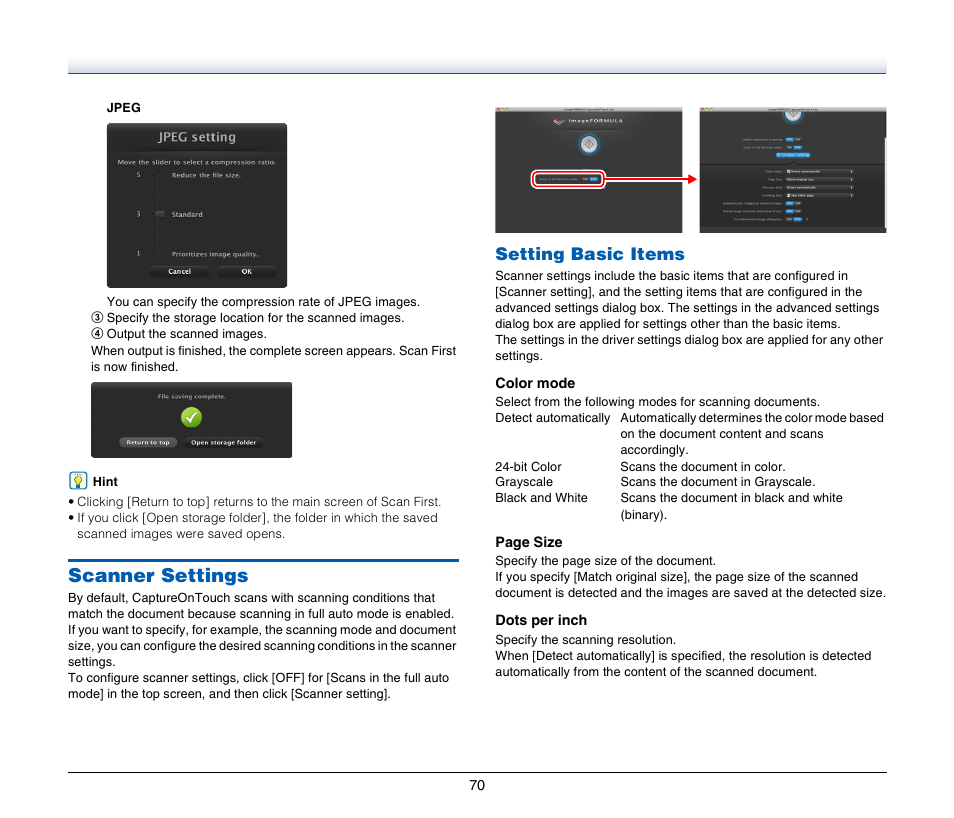 Scanner settings, Setting basic items | Canon Image Formula P-215 User Manual | Page 70 / 116