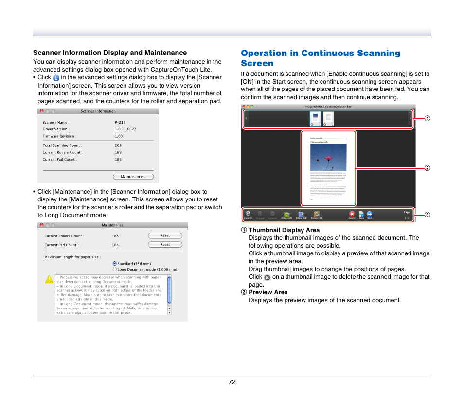 Operation in continuous scanning screen | Canon Image Formula P-215 User Manual | Page 72 / 116