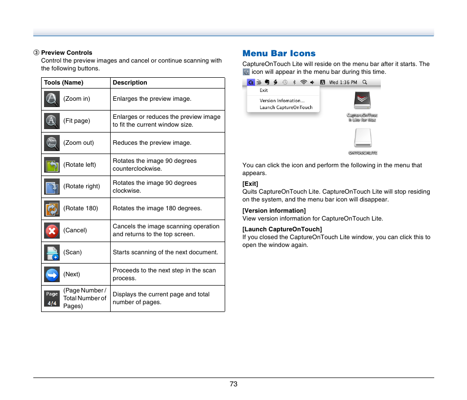 Menu bar icons | Canon Image Formula P-215 User Manual | Page 73 / 116