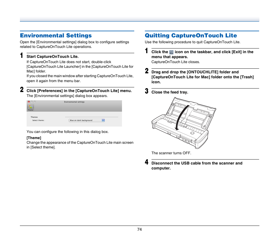 Environmental settings, Quitting captureontouch lite | Canon Image Formula P-215 User Manual | Page 74 / 116