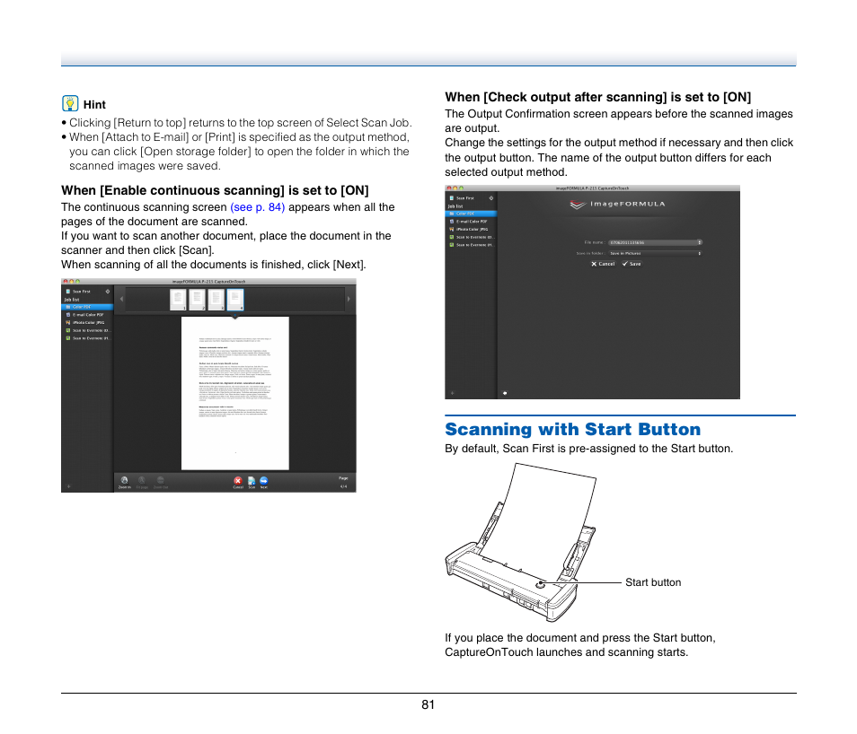 Scanning with start button | Canon Image Formula P-215 User Manual | Page 81 / 116
