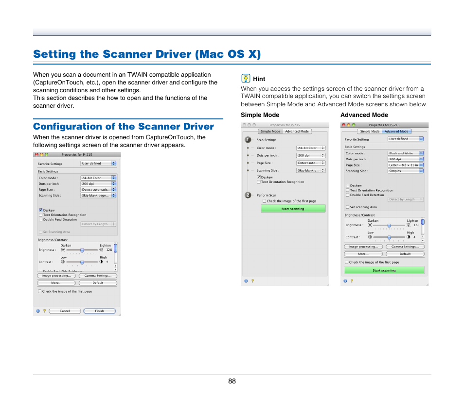Setting the scanner driver (mac os x), Configuration of the scanner driver | Canon Image Formula P-215 User Manual | Page 88 / 116