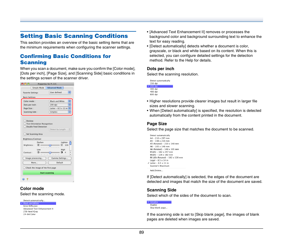 Setting basic scanning conditions, Confirming basic conditions for scanning | Canon Image Formula P-215 User Manual | Page 89 / 116