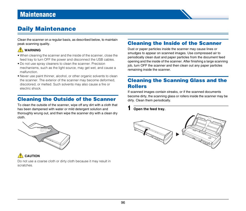 Maintenance, Daily maintenance, Cleaning the outside of the scanner | Cleaning the inside of the scanner, Cleaning the scanning glass and the rollers | Canon Image Formula P-215 User Manual | Page 96 / 116