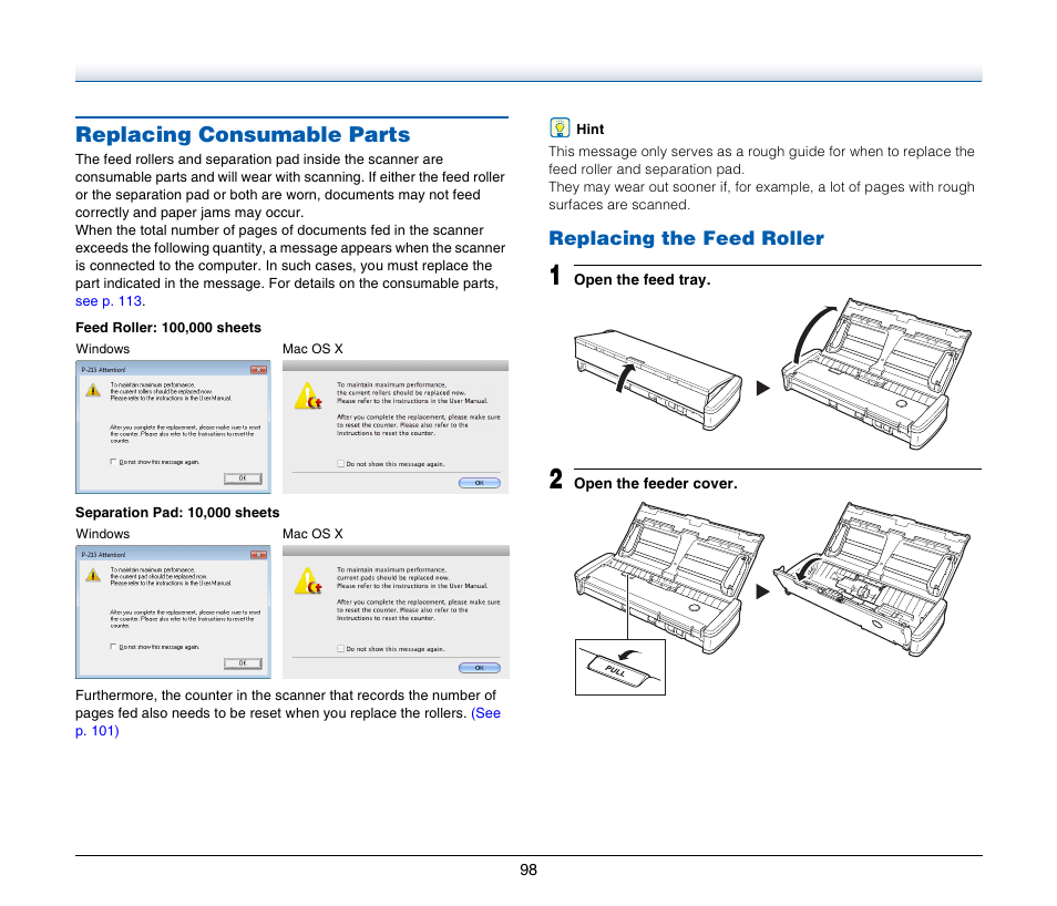 Replacing consumable parts | Canon Image Formula P-215 User Manual | Page 98 / 116