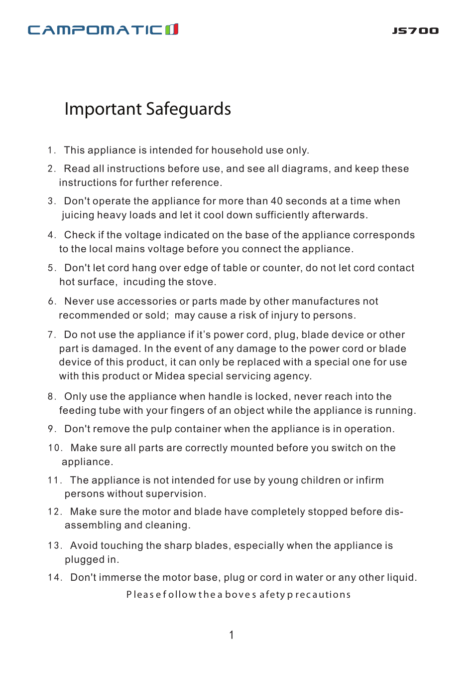 Important safeguards, Js700 | Campomatic JS700 User Manual | Page 2 / 14