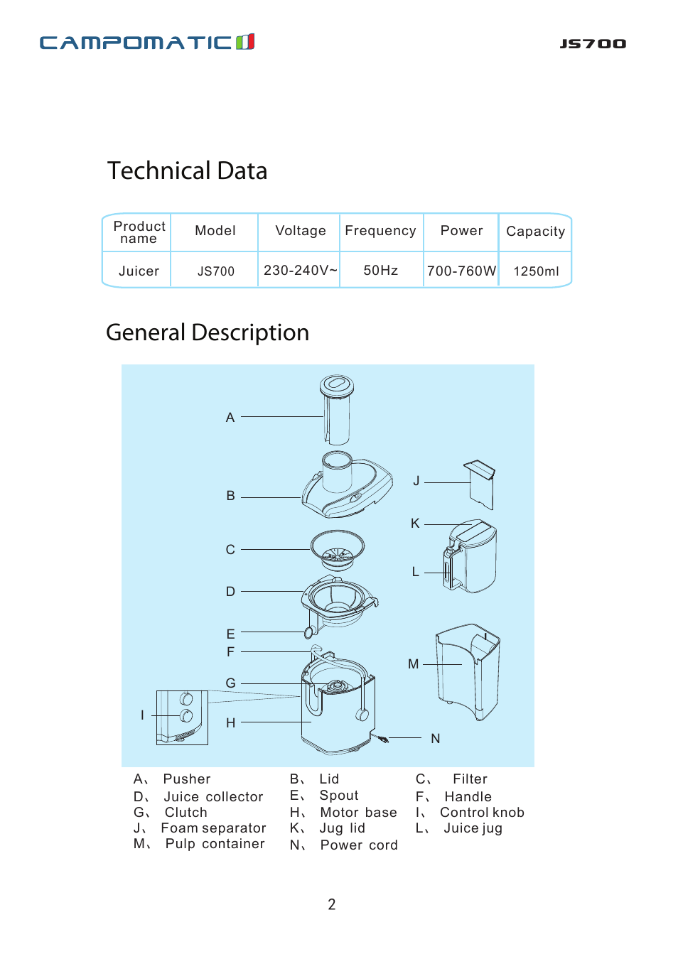 Technical data, Js700, General description | Campomatic JS700 User Manual | Page 3 / 14