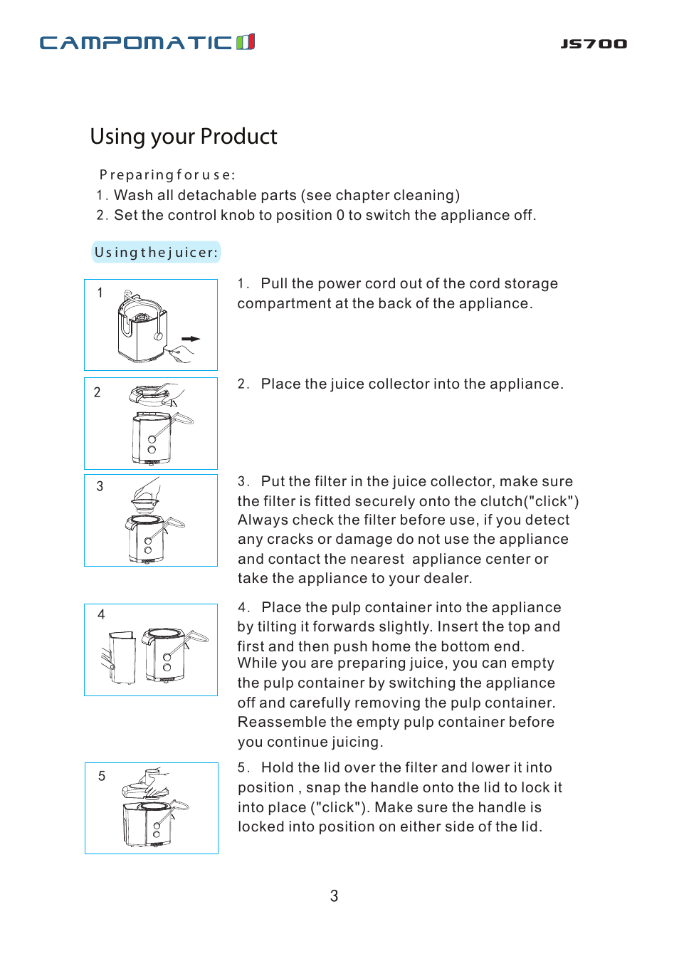 Js700, Using your product | Campomatic JS700 User Manual | Page 4 / 14