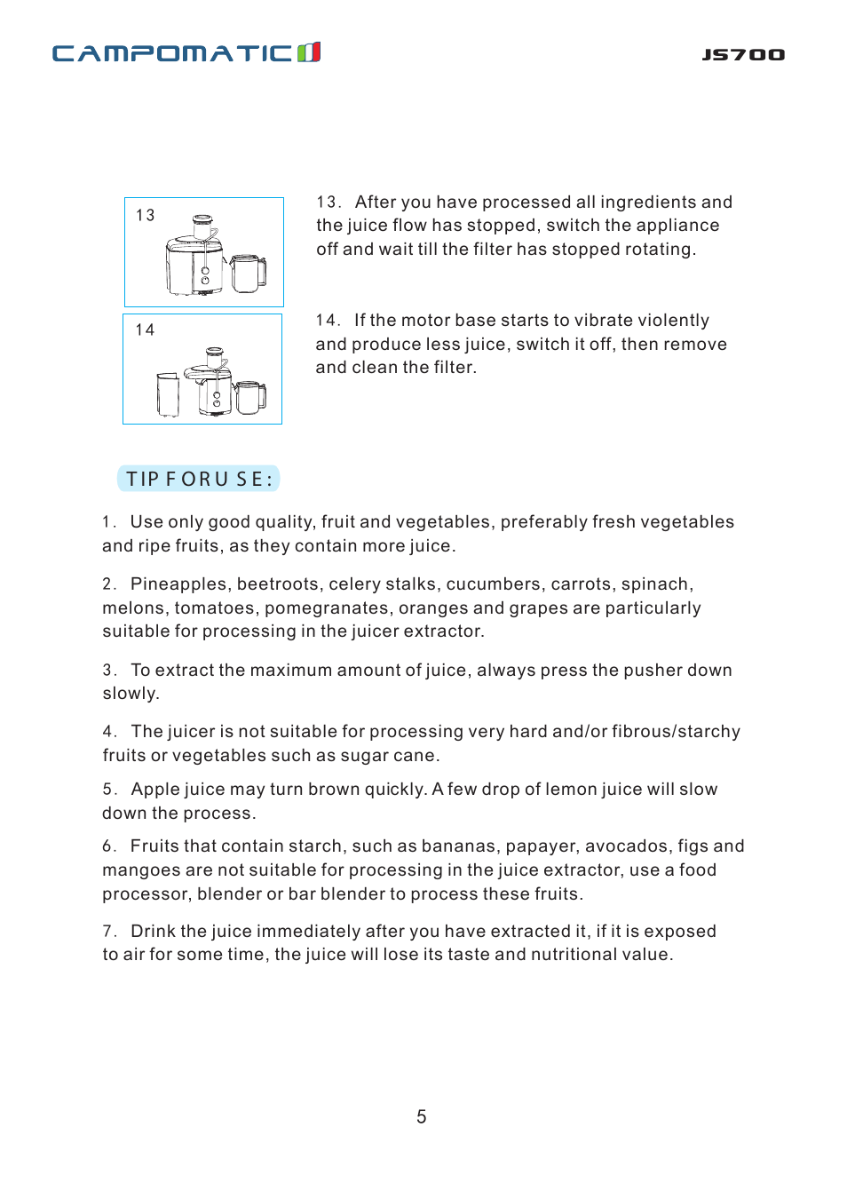 Js700 | Campomatic JS700 User Manual | Page 6 / 14