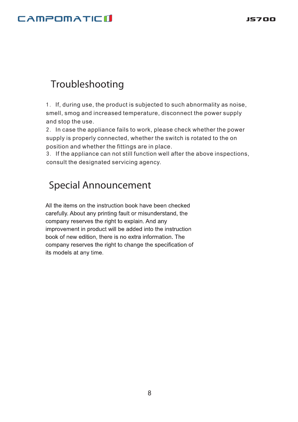 Js700, Troubleshooting special announcement | Campomatic JS700 User Manual | Page 8 / 14
