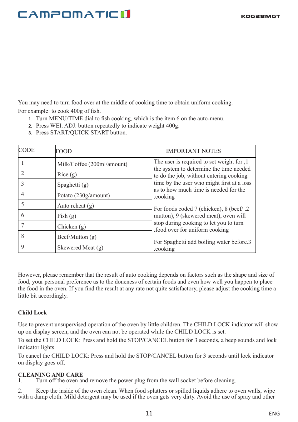 Kog28mgt | Campomatic KOG28MGT User Manual | Page 11 / 20