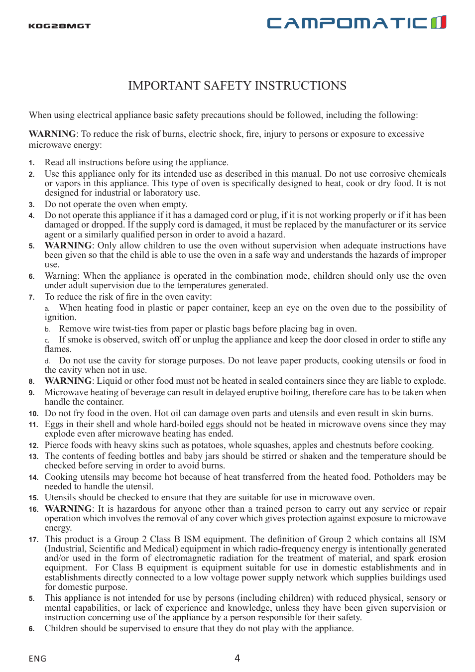 Kog28mgt important safety instructions | Campomatic KOG28MGT User Manual | Page 4 / 20