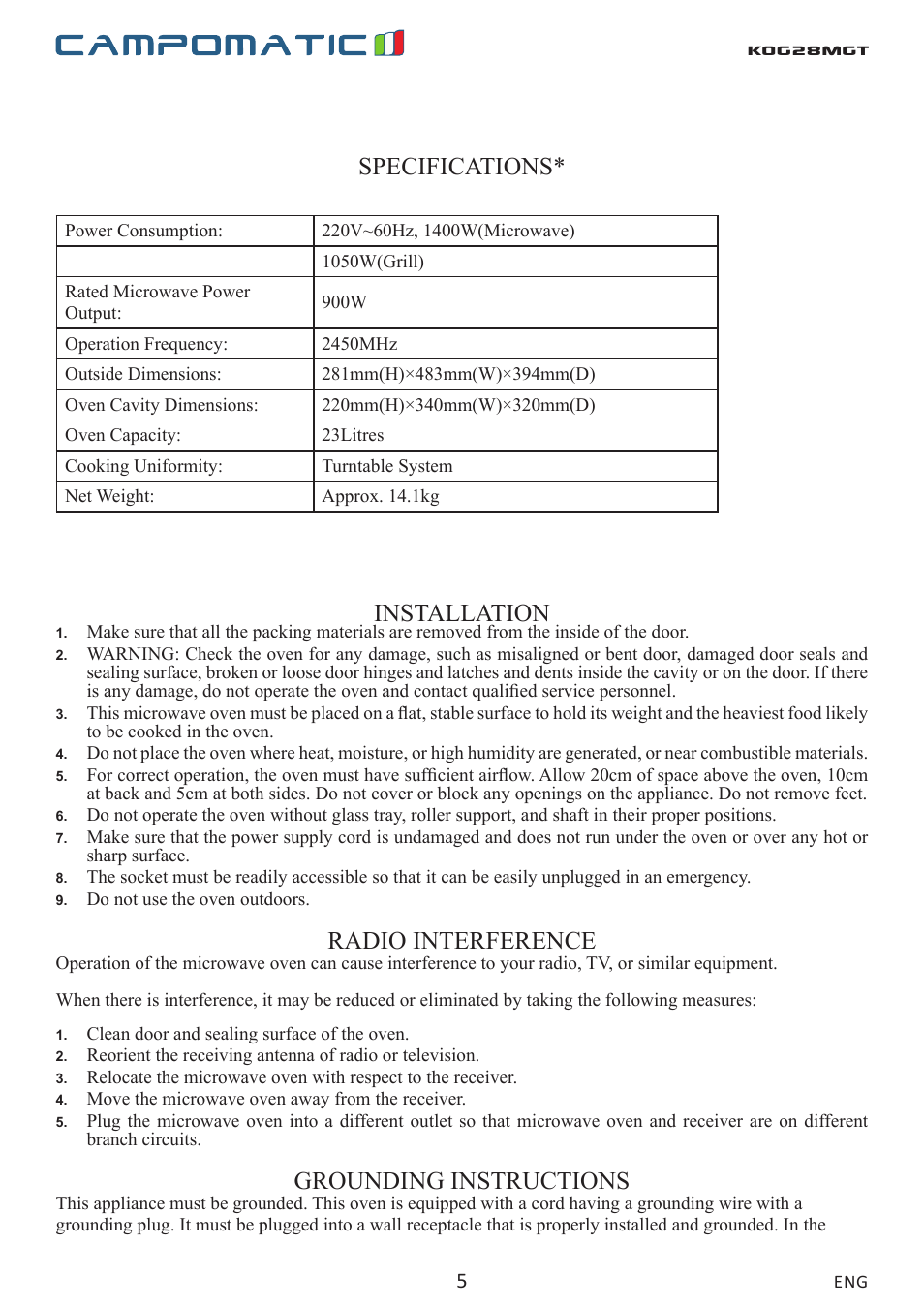 Kog28mgt specifications, Installation, Radio interference | Grounding instructions | Campomatic KOG28MGT User Manual | Page 5 / 20
