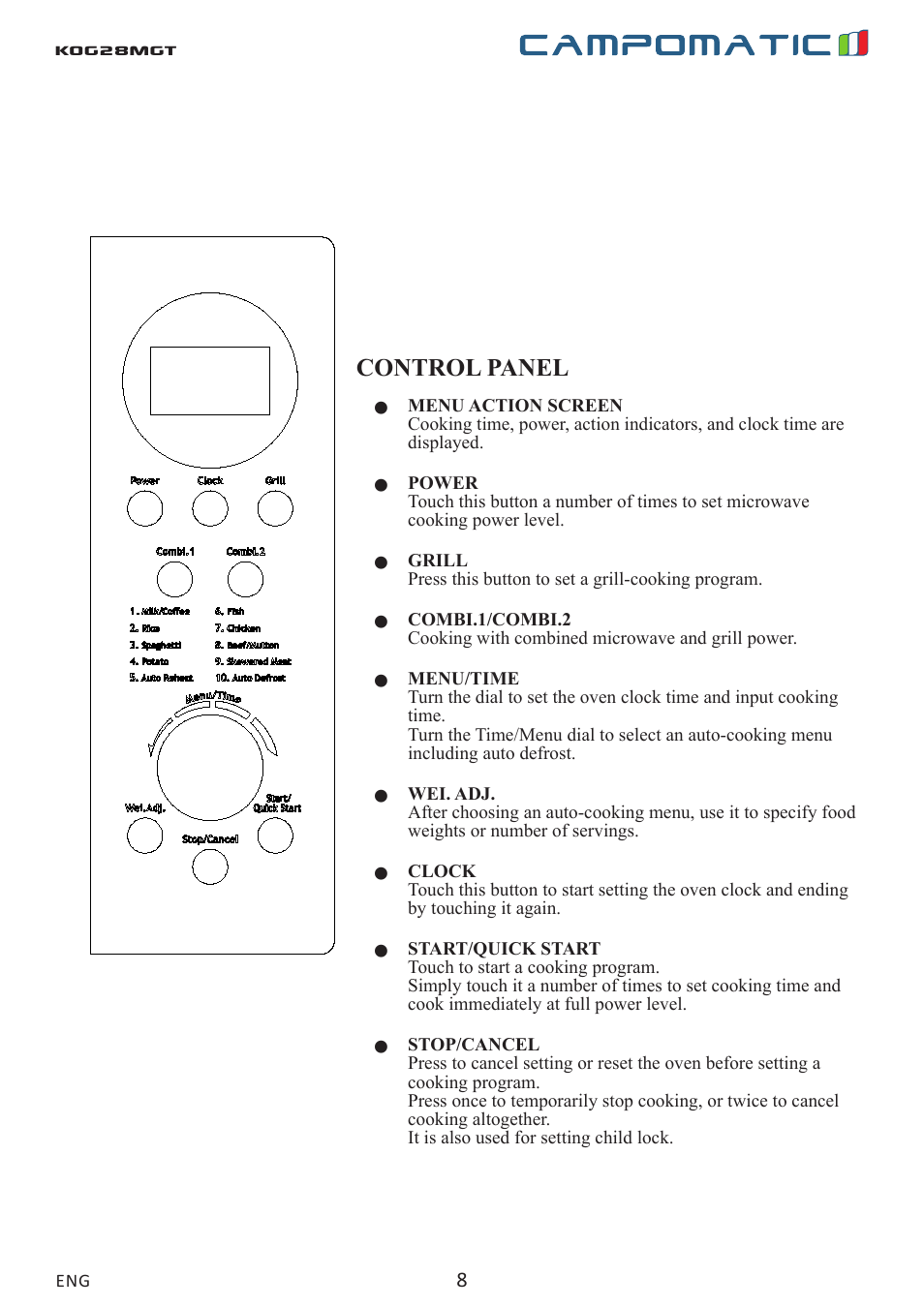 Kog28mgt control panel | Campomatic KOG28MGT User Manual | Page 8 / 20