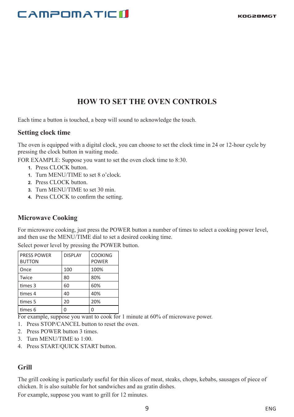 Kog28mgt how to set the oven controls, Setting clock time, Microwave cooking | Grill | Campomatic KOG28MGT User Manual | Page 9 / 20