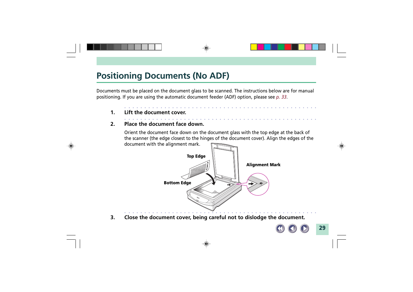 Positioning documents (no adf), Lift the document cover, Place the document face down | Alignment mark top edge bottom edge | Canon FB1200S User Manual | Page 29 / 82