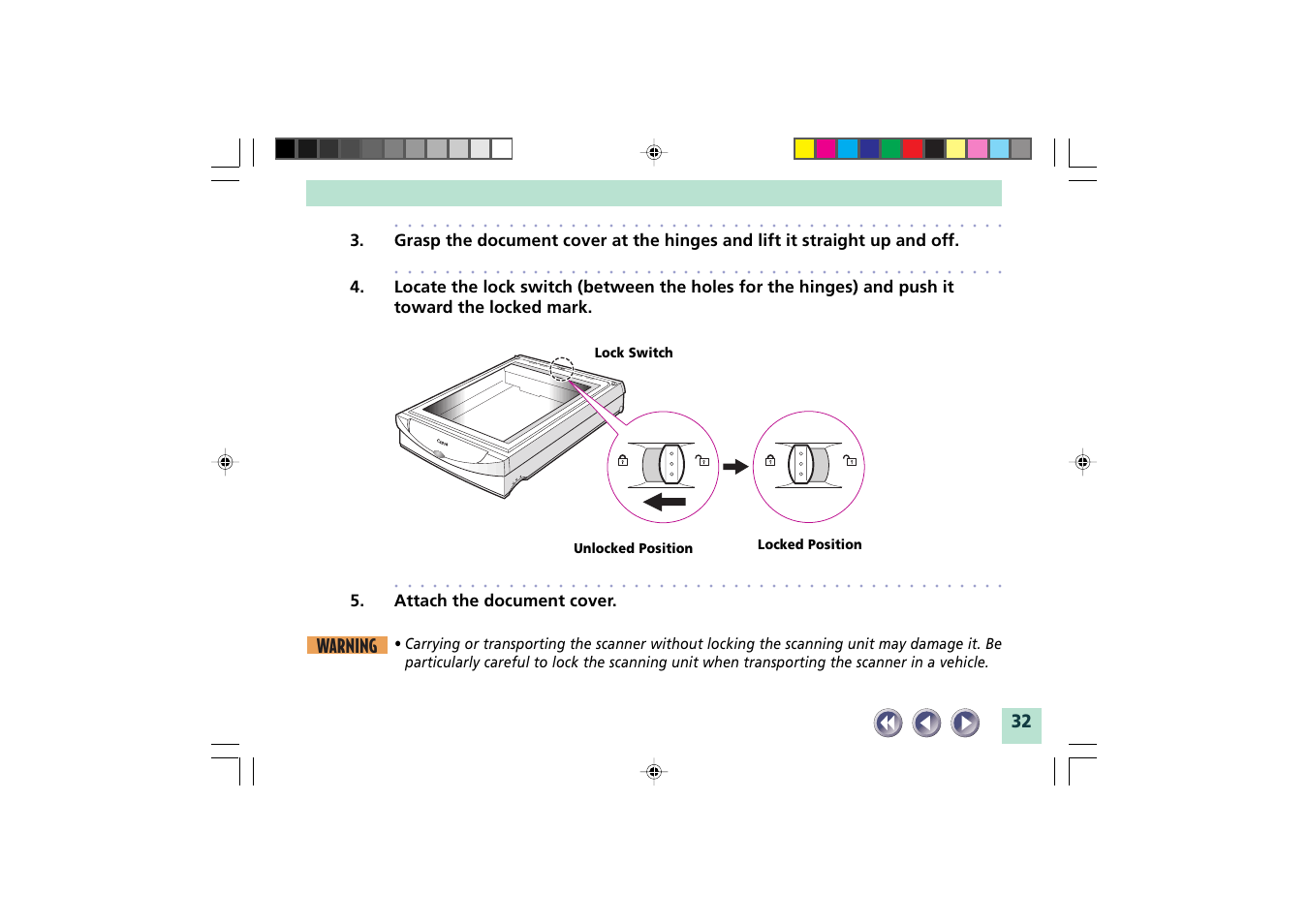 Warning, Attach the document cover, Locked position lock switch unlocked position | Canon FB1200S User Manual | Page 32 / 82