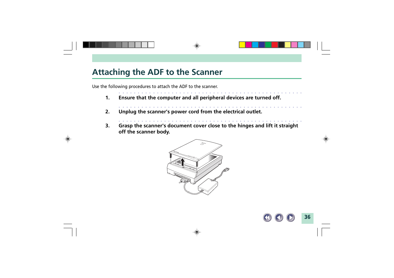 Attaching the adf to the scanner | Canon FB1200S User Manual | Page 36 / 82