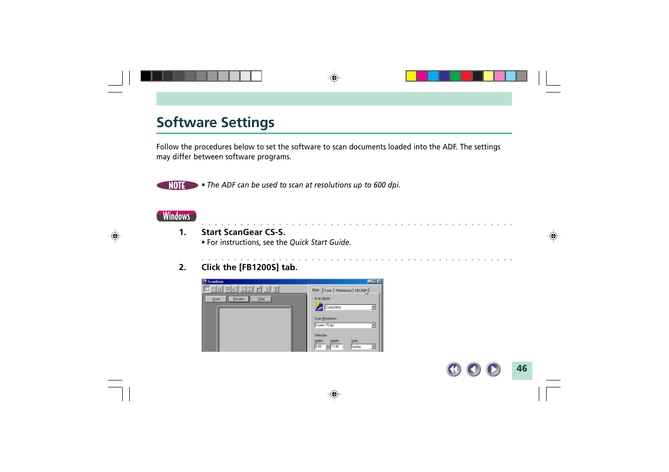 Software settings, Windows, Start scangear cs-s | Click the [fb1200s] tab, For instructions, see the quick start guide | Canon FB1200S User Manual | Page 46 / 82