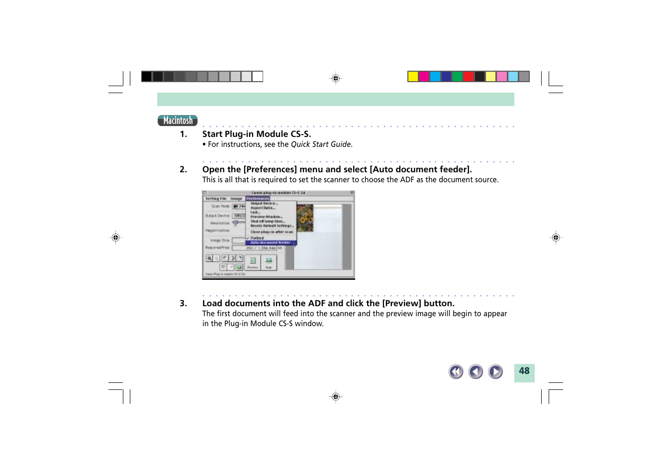 Macintosh, Start plug-in module cs-s, For instructions, see the quick start guide | Canon FB1200S User Manual | Page 48 / 82