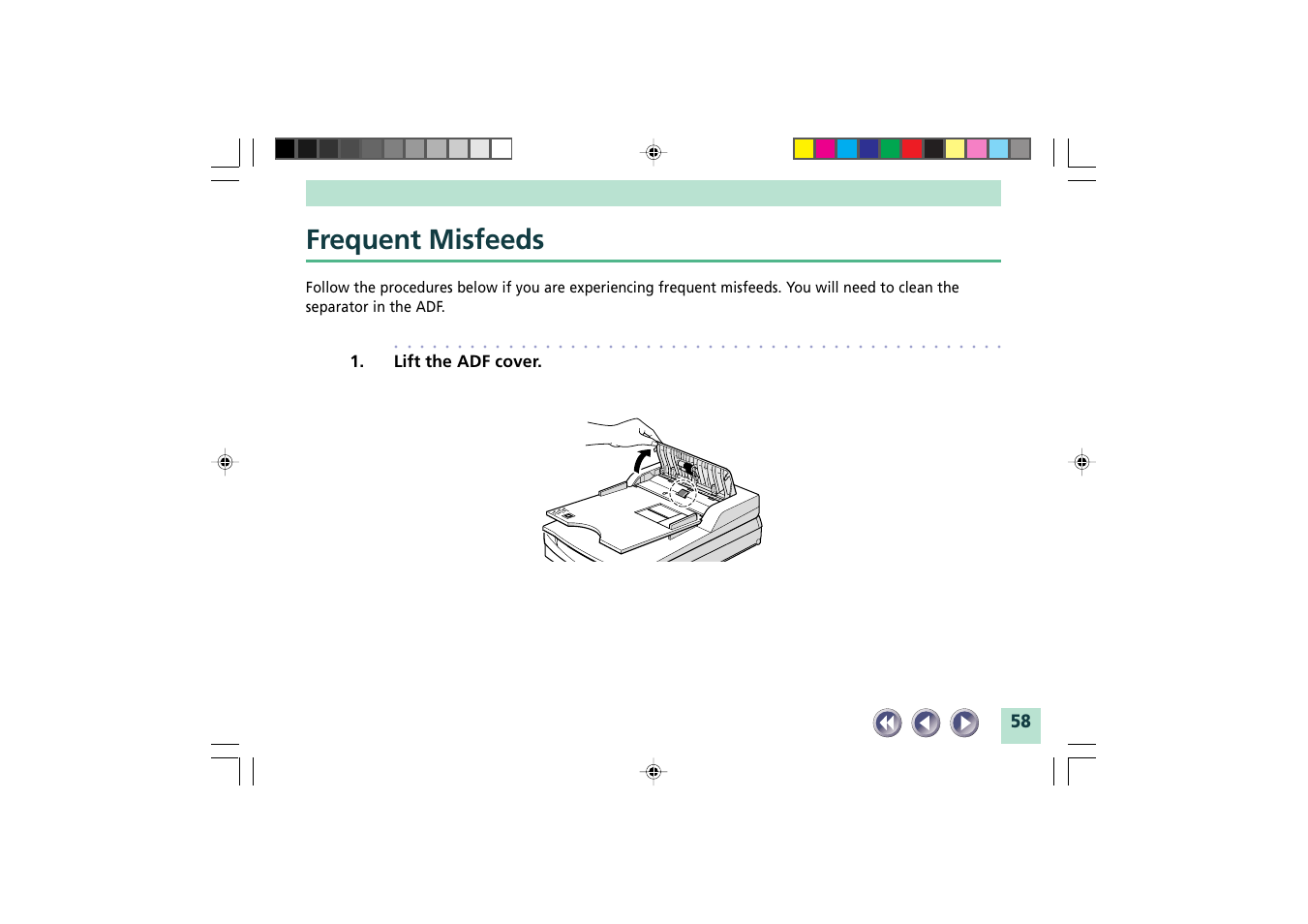 Frequent misfeeds, Lift the adf cover | Canon FB1200S User Manual | Page 58 / 82