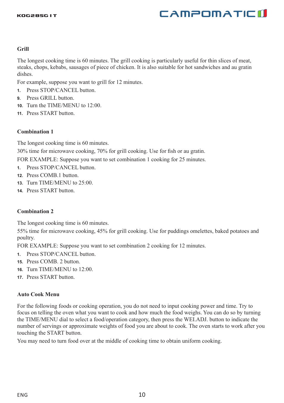 Kog28sg1t | Campomatic KOG28SG1 User Manual | Page 10 / 20