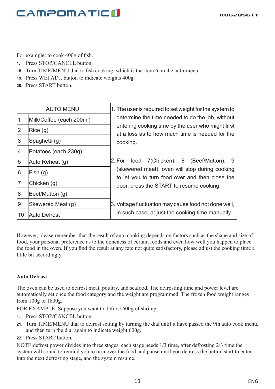 Kog28sg1t | Campomatic KOG28SG1 User Manual | Page 11 / 20