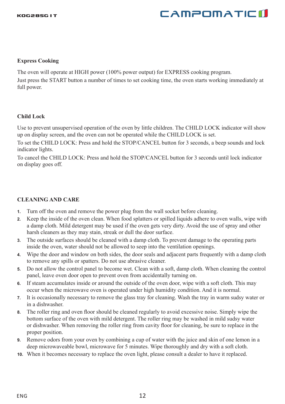 Kog28sg1t | Campomatic KOG28SG1 User Manual | Page 12 / 20