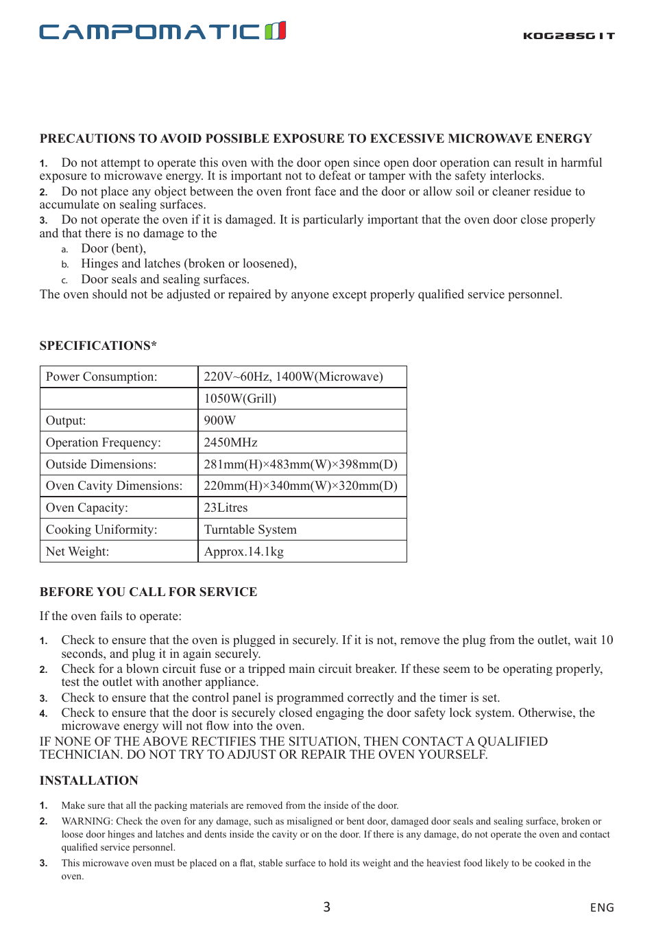 Kog28sg1t | Campomatic KOG28SG1 User Manual | Page 3 / 20