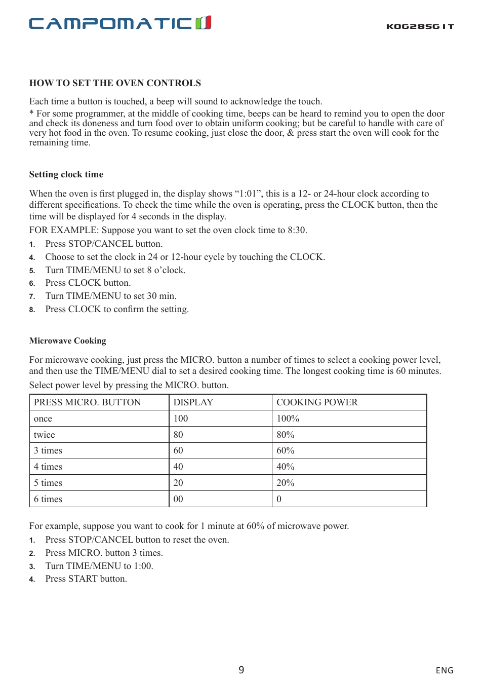 Kog28sg1t | Campomatic KOG28SG1 User Manual | Page 9 / 20