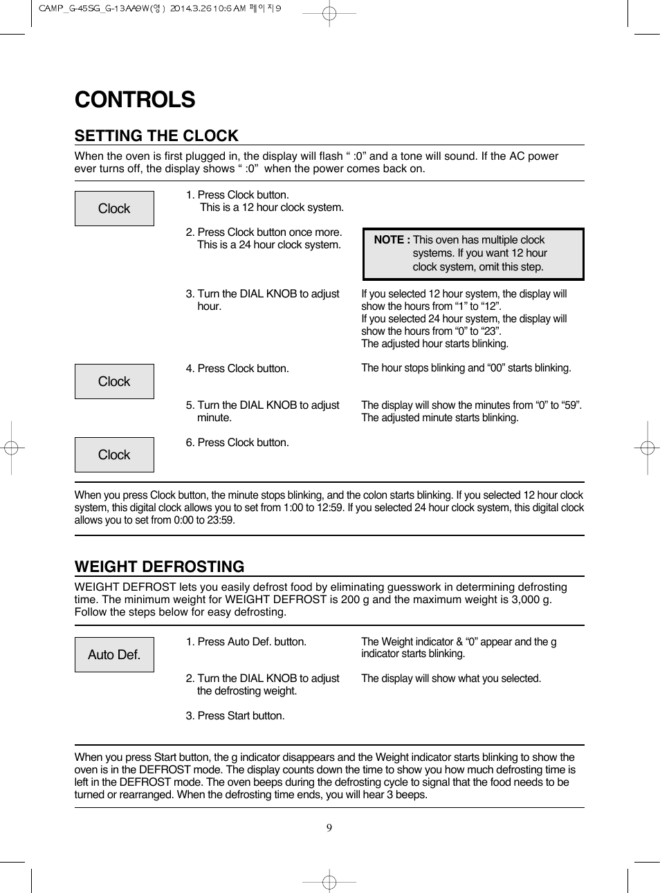 Controls, Weight defrosting, Setting the clock | Campomatic KOG45SG User Manual | Page 10 / 31