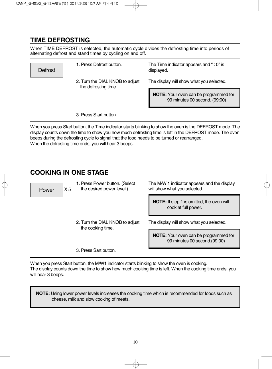 Cooking in one stage, Time defrosting | Campomatic KOG45SG User Manual | Page 11 / 31