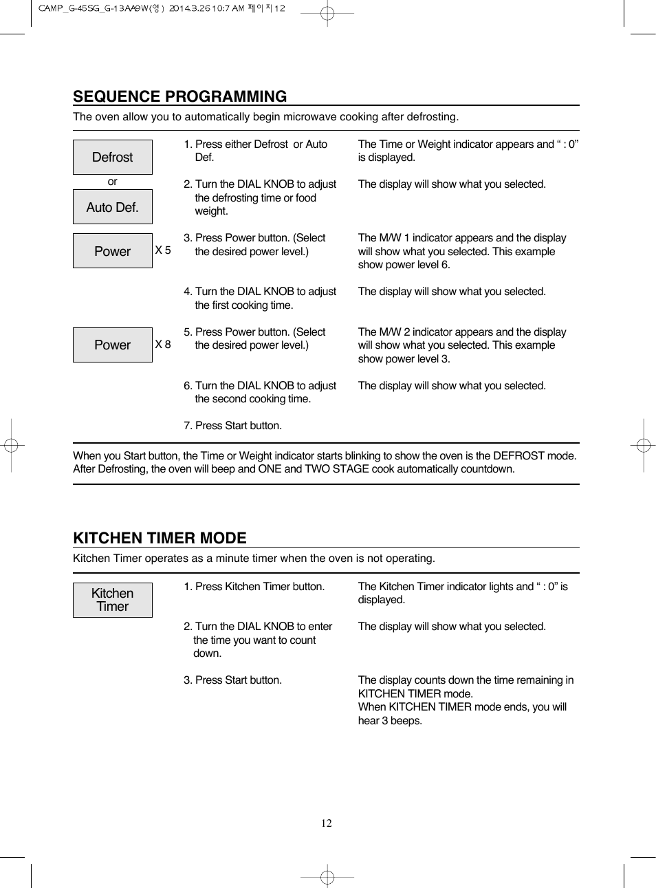 Sequence programming, Kitchen timer mode | Campomatic KOG45SG User Manual | Page 13 / 31