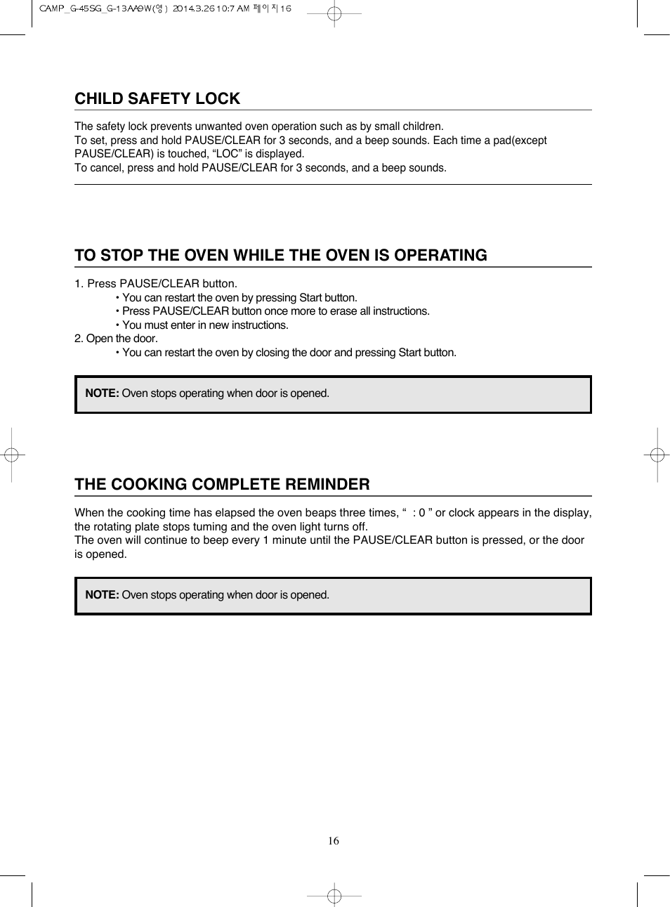 Child safety lock, The cooking complete reminder | Campomatic KOG45SG User Manual | Page 17 / 31