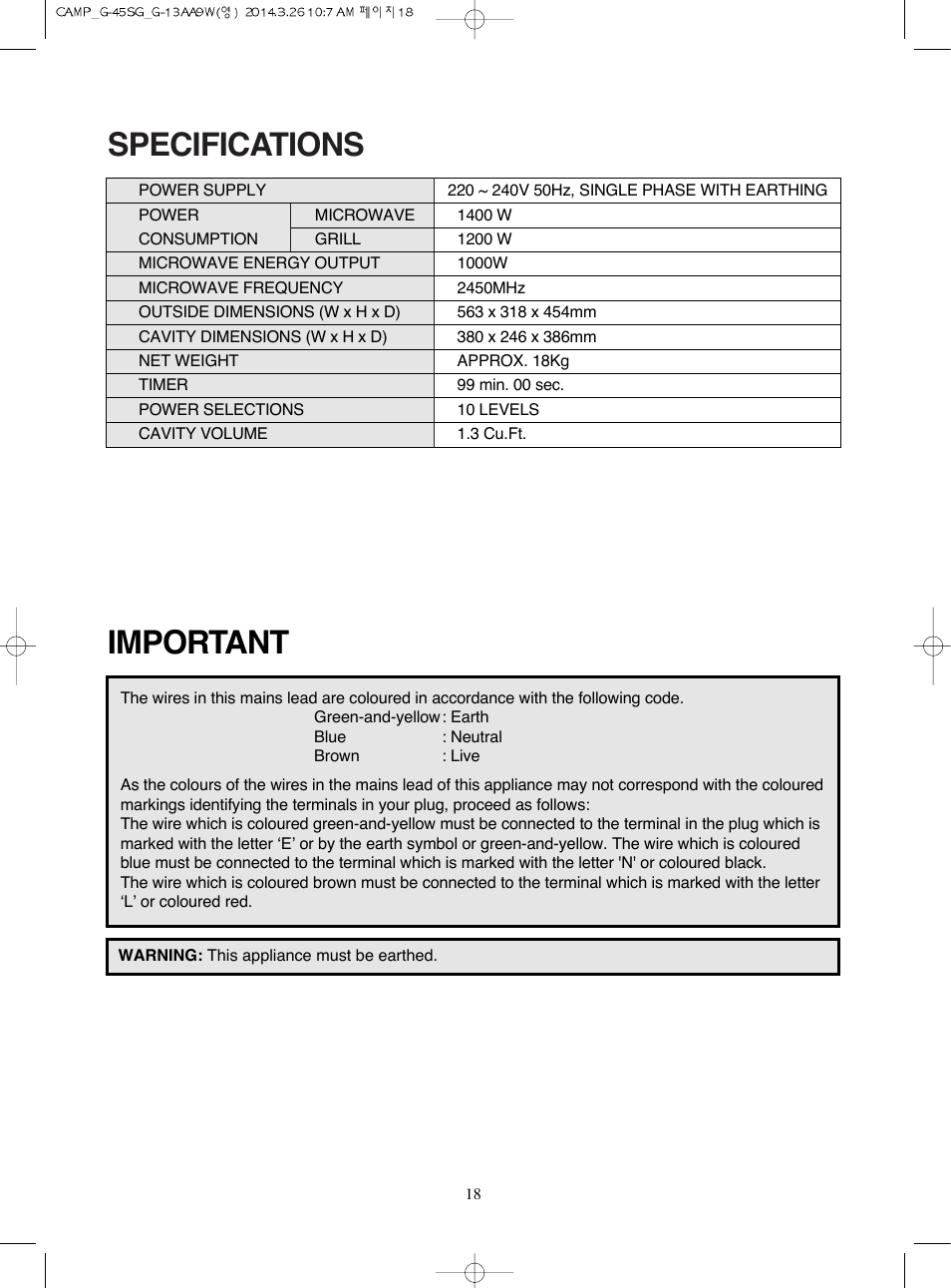 Important, Specifications | Campomatic KOG45SG User Manual | Page 19 / 31