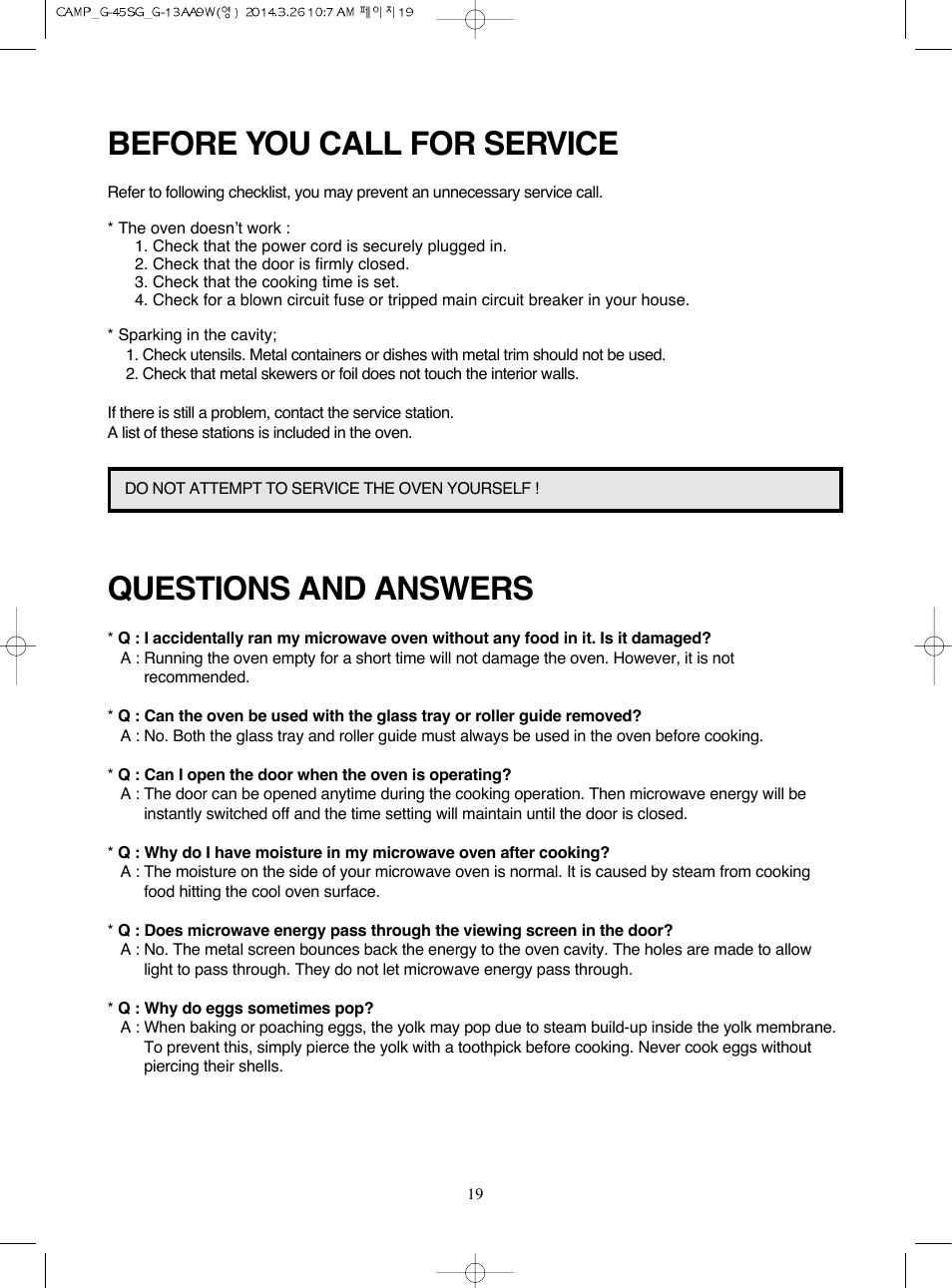 Before you call for service, Questions and answers | Campomatic KOG45SG User Manual | Page 20 / 31