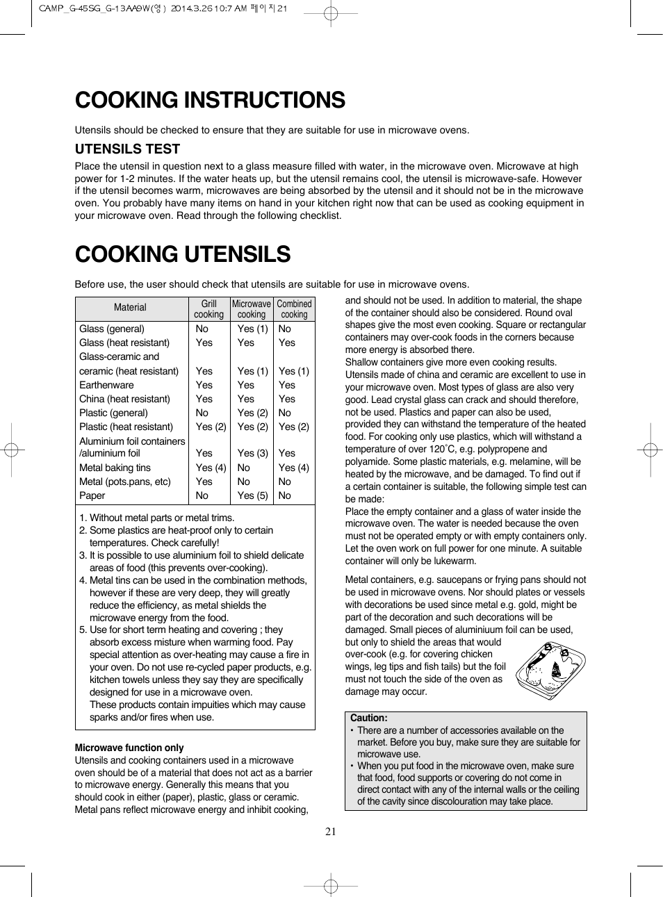 Cooking utensils cooking instructions, Utensils test | Campomatic KOG45SG User Manual | Page 22 / 31