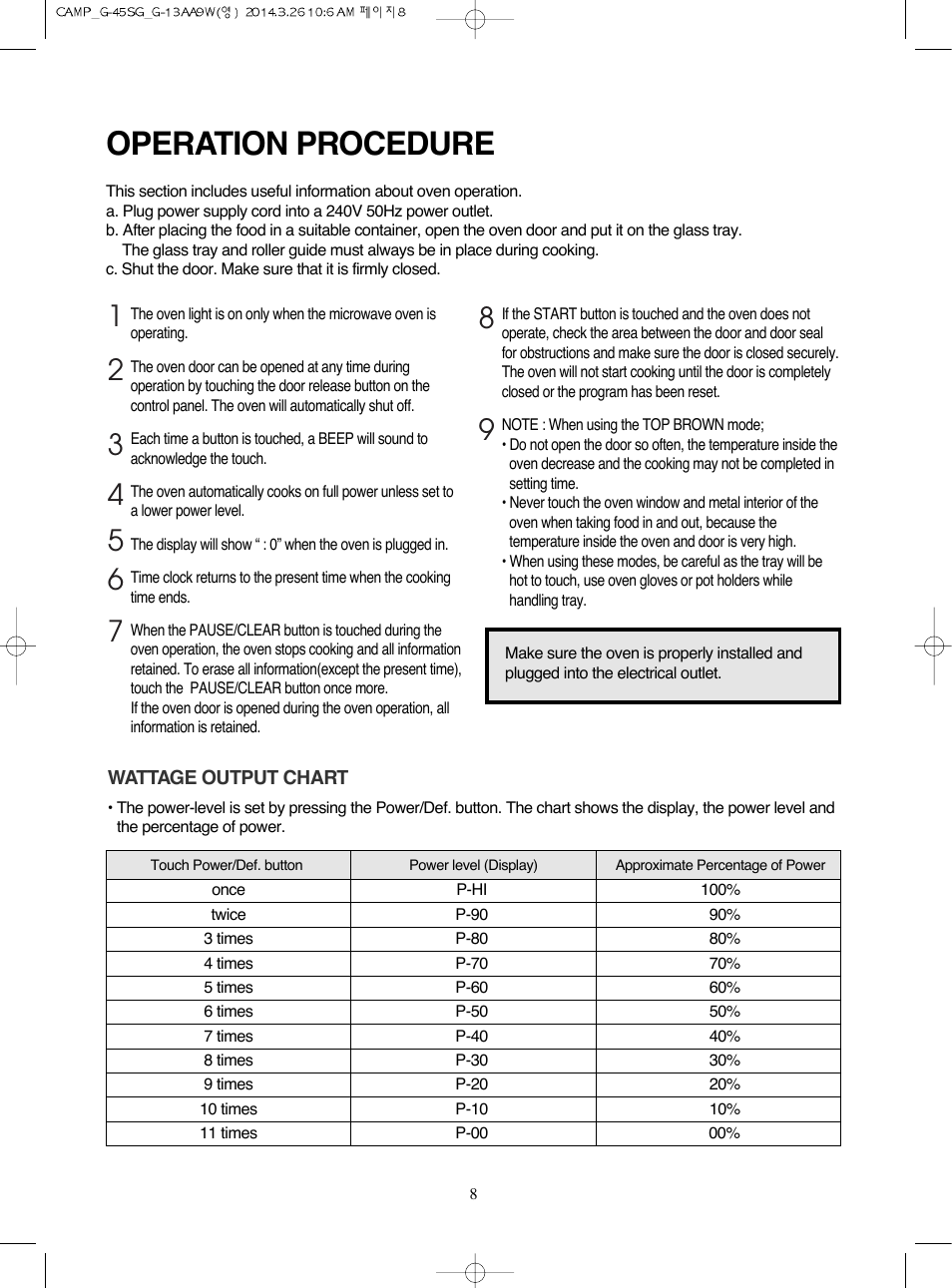 Operation procedure | Campomatic KOG45SG User Manual | Page 9 / 31