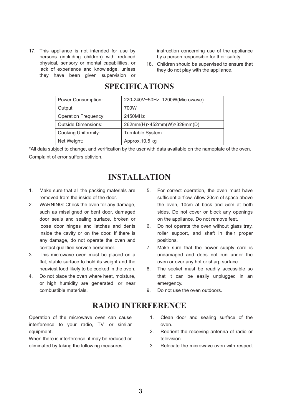 Specifications, Installation, Radio interference | Campomatic KOR22A1 User Manual | Page 4 / 15